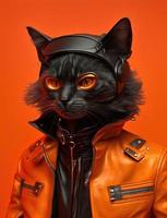 Portrait of Cat wearing black jacket on orange background. Created Generative Ai photo