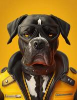 Portrait of bad dogs wearing jacket on yellow background. Created photo