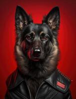 Portrait of bad dogs wearing jacket on red background. Created photo