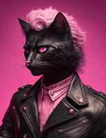 Portrait of Cat wearing black jacket on pink background. Created Generative Ai photo