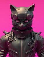 Portrait of Cat wearing black jacket on pink background. Created Generative Ai photo