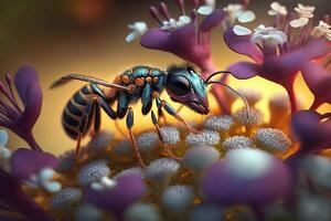 Close up Realistic Ants finding food over colorful flowers. Created with photo