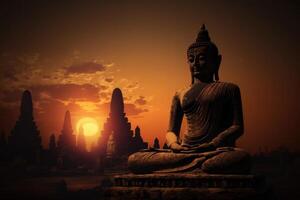 Buddha statue on Sunset background, Buddha purnima Vesak day. photo