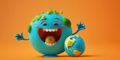 Cute Earth character laughting on orange background, Happy Earth day, World laughter day. photo