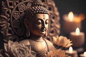 Buddha statue with Candle light, Buddha purnima Vesak day background. photo