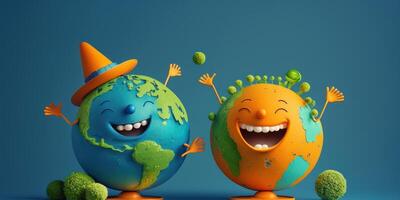 Joyful Earth character laughting on blue background, Happy Earth day, World laughter day. photo