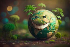 Joyful Earth character laughting on green background, Happy Earth day, World laughter day. photo