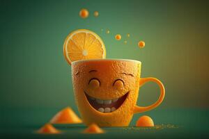 alegre vaso de naranja jugo personaje sonriente antecedentes. fresco naranja jugo. creado generativo ai foto