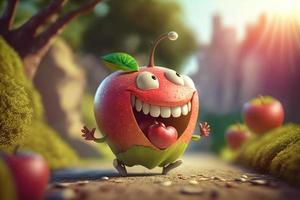 Joyful apple character laughting in fantasy world background. Created Generativa ai photo