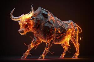 Fire sculpture of a Bull, Bullish in Stock market and Crypto currency. photo