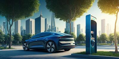 Electric car is charging at the charger station. EV Car futuristic vehicle concept. photo