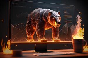 Fire sculpture of bear in front of computer screen, Bearish divergence in Stock market and Crypto currency. Created photo