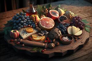 Seasonal fruits arranged on wooden board warm light background. Created with technology photo