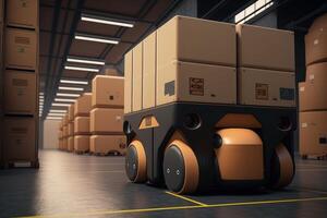 Automated robotics delivering cardboard Boxes in warehouse, Distribution logistics center concept. Created photo