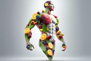 Fruits forming a strong body, Man posing muscular body builder, Eating Diet Food for Digestion. photo