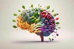 varios frutas formando un creativo cerebro, comiendo sano comida como nutrición a mejorar memoria y pensamiento. generativo ai foto