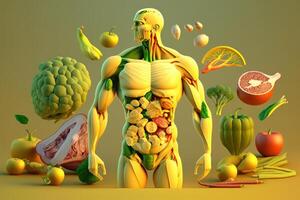 Vegetables forming a human body metabolism and nutrition, Eating Diet Food for Energy and Digestion. Created photo