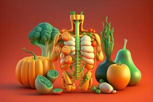 Vegetables forming a human body metabolism and nutrition, Eating Diet Food for Energy and Digestion. Created photo