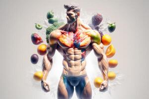 frutas formando un fuerte cuerpo, hombre posando muscular cuerpo constructor, comiendo dieta comida para digestión. generativo ai foto