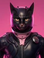 Portrait of Cat wearing black jacket on pink background. Created Generative Ai photo