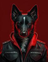 retrato de malo perros vistiendo chaqueta en rojo antecedentes. creado generativo ai foto