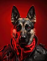 retrato de malo perros vistiendo chaqueta en rojo antecedentes. creado generativo ai foto