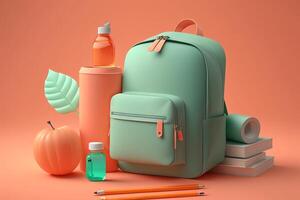 Backpacks with school stationery on pastel color background. Created with technology photo