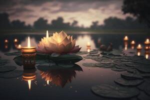 Lotus flower with candle light background, Buddha purnima Vesak day. photo