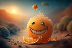 alegre naranja personaje sonriente en verde antecedentes. creado generativo ai foto