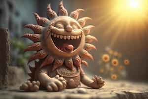 Joyful sun character laughting in fantasy world background. Created Generativa ai photo