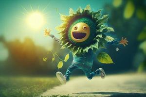 Joyful sun character laughting in fantasy world background. Created Generativa ai photo