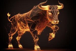 Fire sculpture of a Bull, Bullish in Stock market and Crypto currency. photo