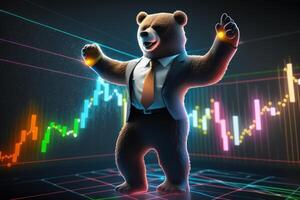 Bear dancing and celebrating with colorful graph background, Bearish in Stock market and Crypto currency. Created photo