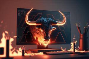 Fire sculpture of angry bull head in front of computer screen, Bullish divergence in Stock market and Crypto currency. Created photo