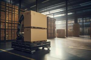 Automated robotic carrying box in warehouse, Distribution logistics center concept. Created photo