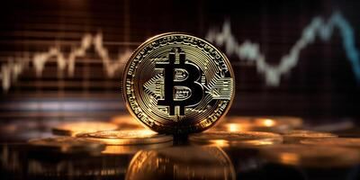 Bitcoin with trading graph on computer screen background, Crypto currency investment. photo