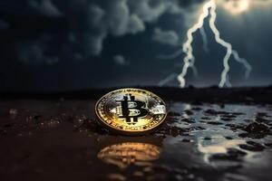 Bitcoin with thunder storm background, Crypto currency investment concept. photo