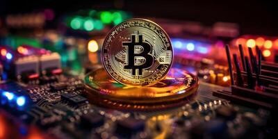 dorado bitcoin con computadora circuito fondo, cripto moneda inversión concepto. generativo ai foto