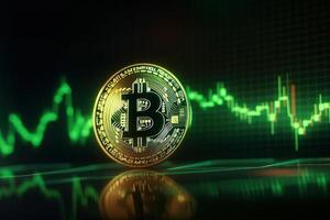 Bitcoin with green graph on computer screen background, Crypto currency trading. photo