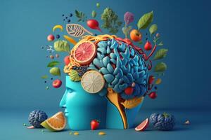 Various Fruits forming a creative brain, Eating healthy food as nutrition to improve memory and thinking. photo