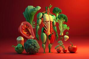 vegetales formando un humano cuerpo metabolismo y nutrición, comiendo dieta comida para energía y digestión. creado generativo ai foto