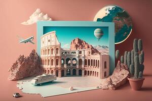 Stunning realistic travel around the world concept on pastel color background. Created with photo