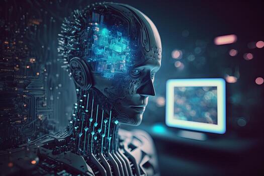 Artificial intelligence AI Machine learning or Research of robot and cyborg development. photo