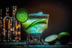 A glass of cocktail with glowing light background. Created photo