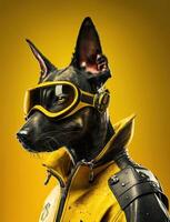 Portrait of bad dogs wearing jacket on yellow background. Created photo