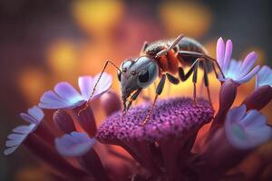 Close up Realistic Ants finding food over colorful flowers. Created with photo