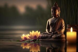 Buddha statue with Candle light, Buddha purnima Vesak day background. photo