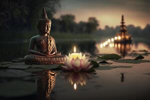 Buddha purnima Vesak day background, Buddha statue with Lotus flower and Candle light side on river. photo