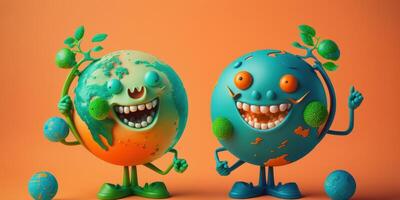 Cute Earth character laughting on orange background, Happy Earth day, World laughter day. photo