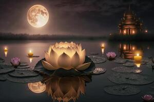 Lotus flower with candle light background, Buddha purnima Vesak day. photo